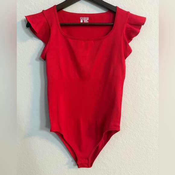 OQQ Red Ruffled Flutter Sleeve Ribbed Bodysuit - Picture 2 of 7